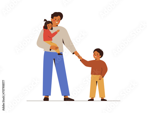 Young father with two children. Man holds by one hand his daughter and by another hand his son. Family concept with happy people for Fathers Day. Cartoon flat Vector illustration
