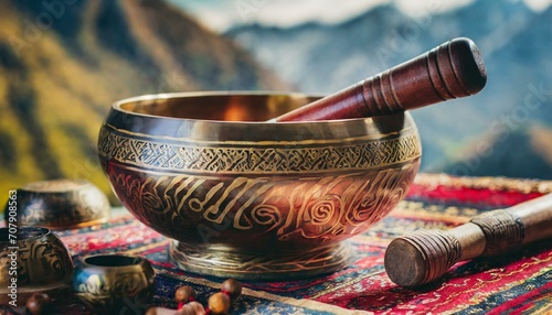 antique mortar and pestle.a Himalayan singing bowl through a detailed close-up, where the fine details and rich textures showcase the craftsmanship of this traditional Tibetan instrument.