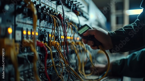 An electrical engineer checks electrical installations and wiring on protective relays. Created with Generative Ai technology. photo