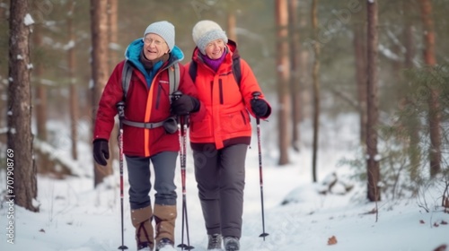 Senior couple with a sticks for nordic walk in a winter forest. Scandinavian walk in a park.
