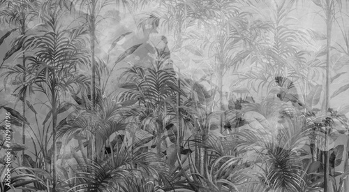 Black and white tropics in watercolor style, tropics on a textured background, photo wallpaper for the interior. photo
