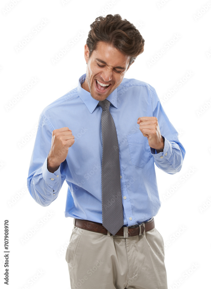 Excited businessman, fist pump and celebration for winning or success against a white studio background. Happy man or employee smile in joy for achievement, bonus or business promotion on mockup