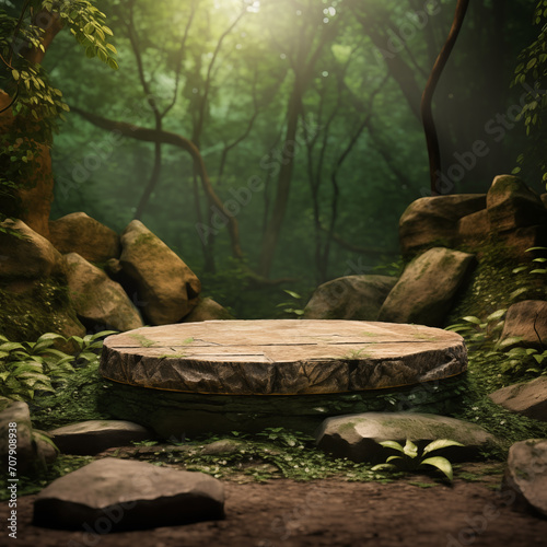 podium wooden bench in the forest