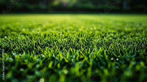 Lush perfectly manicured green turf of a sports field in the morning light