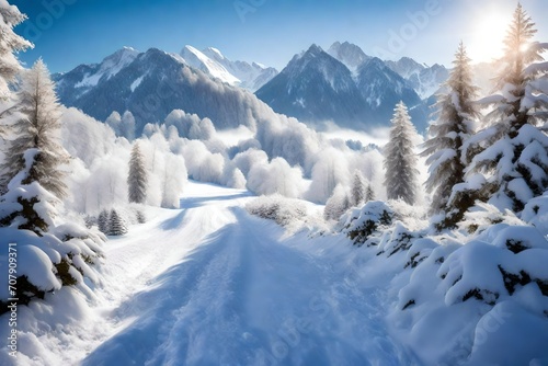 snow covered mountains in winter © AI artistic beauty
