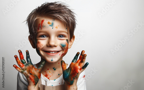 The boy plays the hand color  stained with white background.