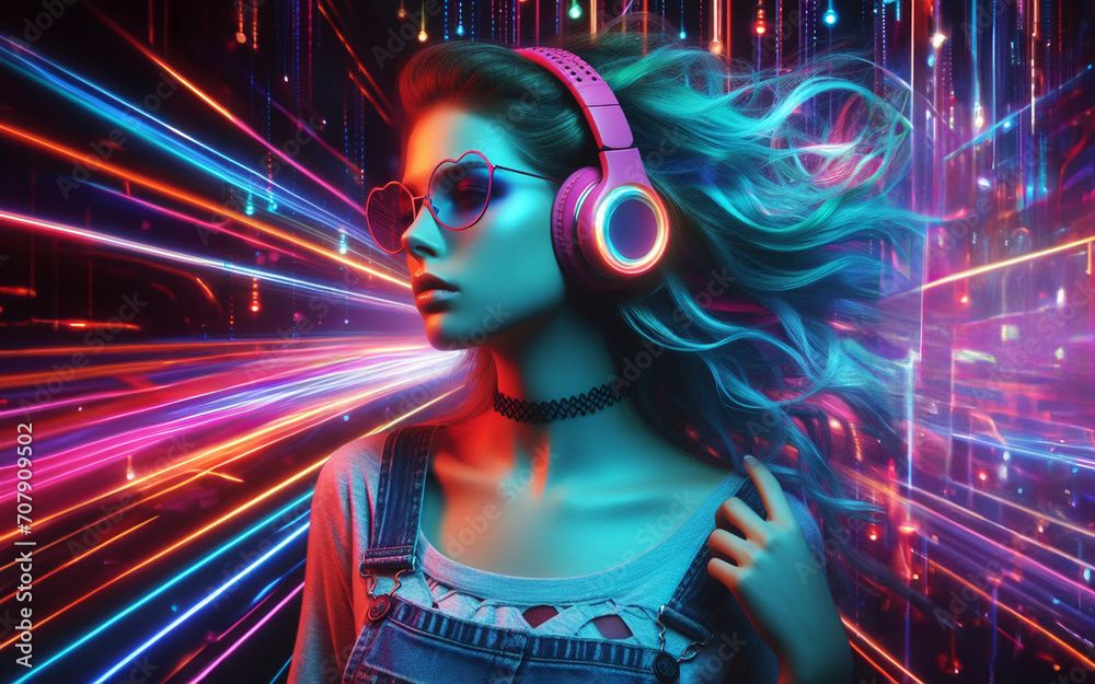 Woman wearing fashion headphones Neon lights purple blue red Retro style and technology Dark tones Woman wearing fashion headphones Neon lights purple blue red Retro style and technology Dark tones