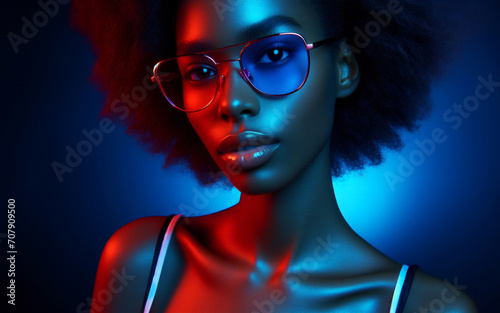 Woman wearing fashion glasses Neon lights purple blue red Retro style and technology Dark tones