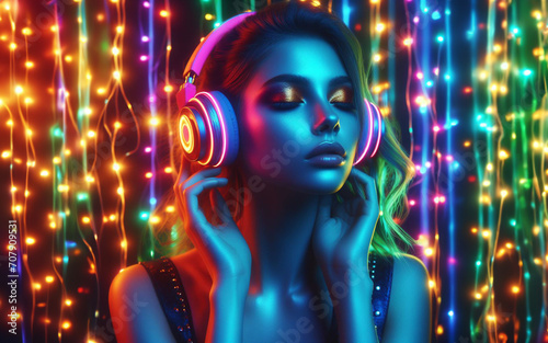 Woman wearing fashion headphones Neon lights purple blue red Retro style and technology Dark tones