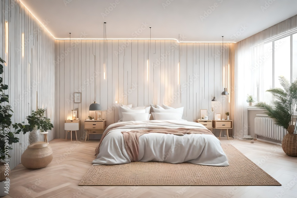 3d render Nordic style bedroom light skin beautiful view 