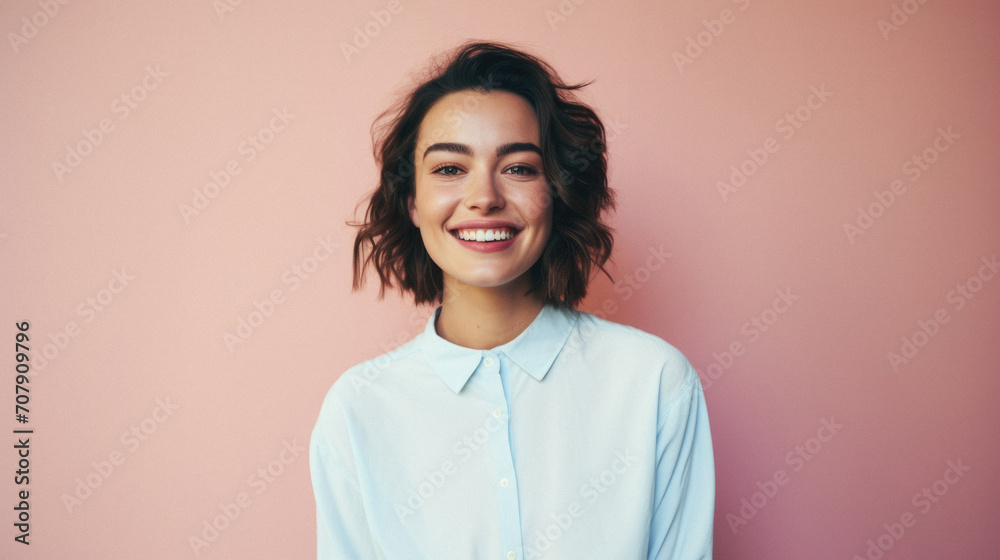 Portrait of a smiling young woman looking at camera on pink background