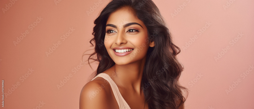 Fototapeta premium Beautiful smiling young indian woman, isolated on pink