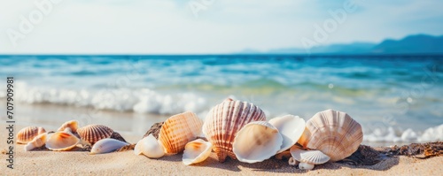 shellfish on the beach summer vacation banner © krissikunterbunt
