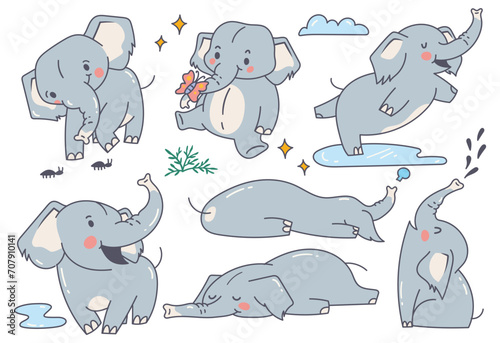 set of cute elephant cartoon character