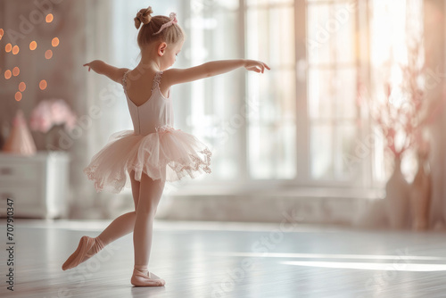 a little girl dancing ballet in a dance studio