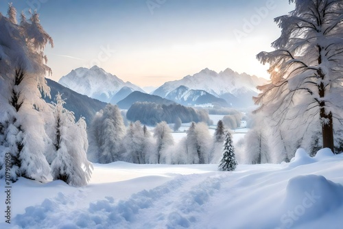 snow covered mountains © AI artistic beauty