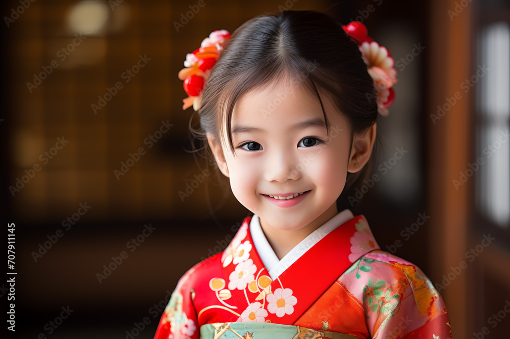 七五三で着物を着て記念写真を撮る女の子