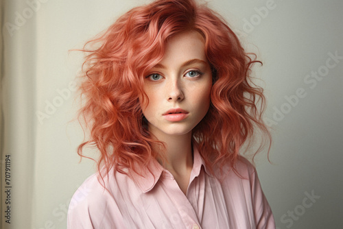 Portrait of beautiful young woman with dyed red hair on grey background