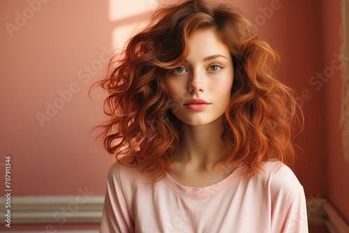 Portrait of a beautiful young woman with long curly red hair .