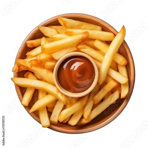 Golden French fries with ketchup in bowl isolated on transparent background