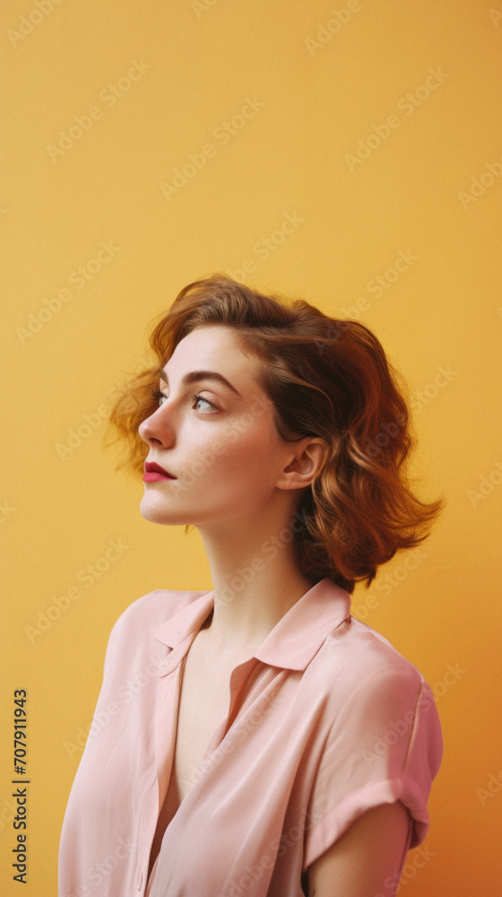 Portrait of a beautiful young woman with red hair on a yellow background
