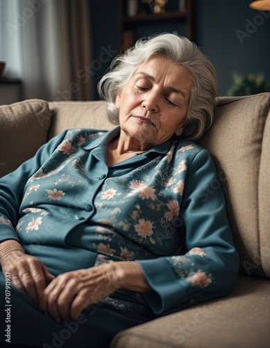 an elderly woman with white hair is sleeping on a brown couch