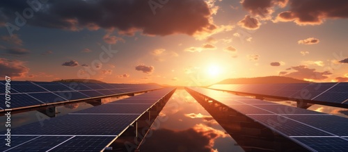 Sun reflecting on two large solar panels under a lively sky. © TheWaterMeloonProjec