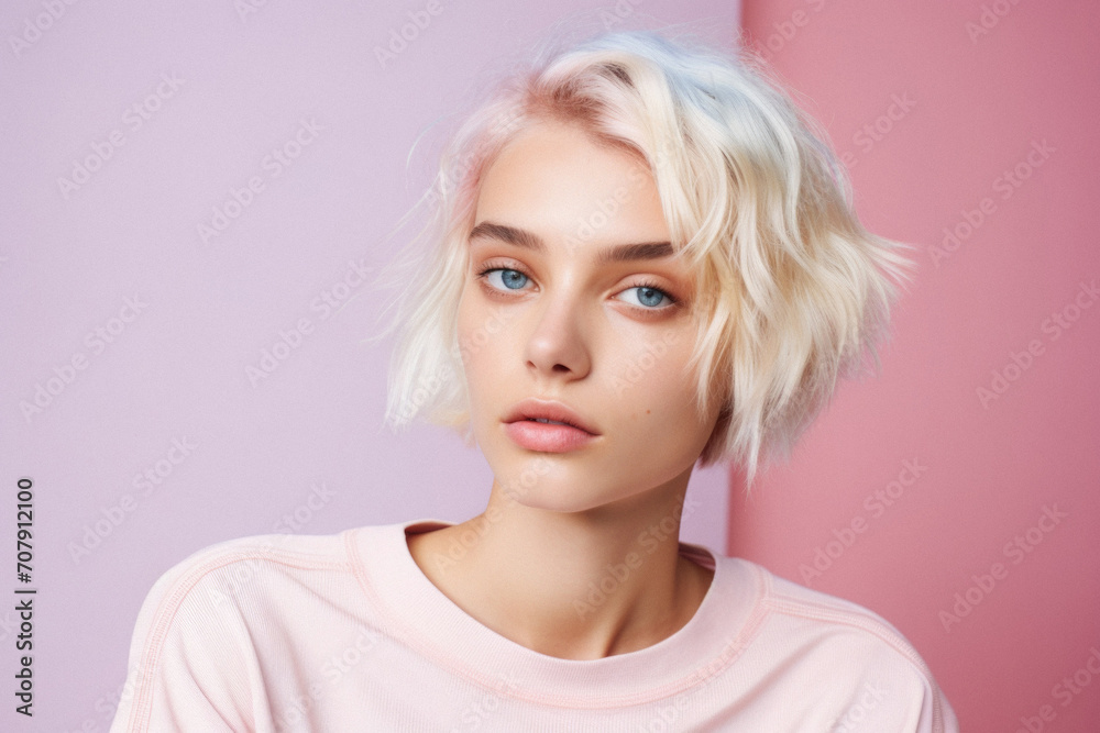 Portrait of a beautiful young woman with short blond hair on a pink background Portrait of a beautiful young woman with short blond hair on a pink background
