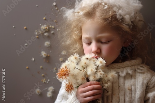 Portrait of a girl sneezing, suffering from allergies among white flowers. Allergy to flowering. Allergic rhinitis