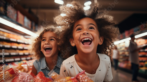 two girls at the grocery store smiling.girls shopping at the store