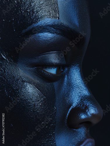 For the celebration of Black History Month, an emotional portrait of the closeup profile of a black woman with a painted face. Symbol of pride of african identity in the world. afro-descendant beauty