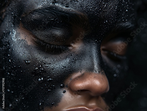 For the celebration of Black History Month, an emotional portrait of the closed eyes of a black woman with a painted face. symbol of pride of african identity in the world. afro-descendant beauty