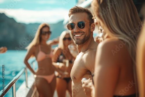 Wealthy man at luxury yacht party, billionaire summer cruise vacation, with beautiful girls in bikinis © Kien