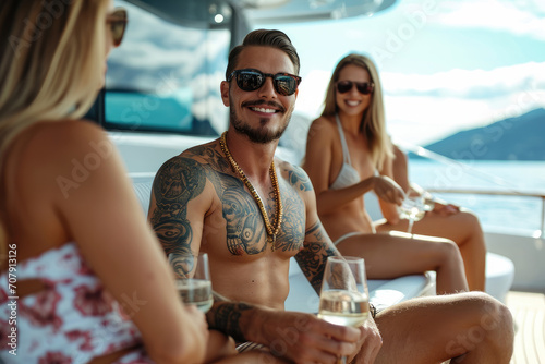 Wealthy man at luxury yacht party, billionaire summer cruise vacation, with beautiful girls in bikinis photo