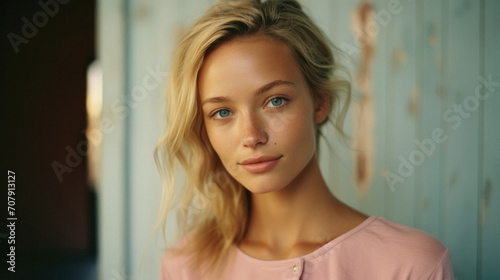 Portrait of a beautiful young woman with blond hair and blue eyes .