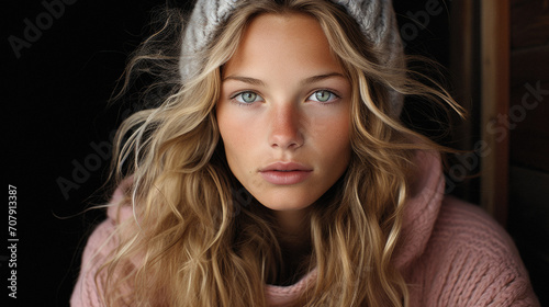 Portrait of a beautiful girl in a pink sweater and a gray hat