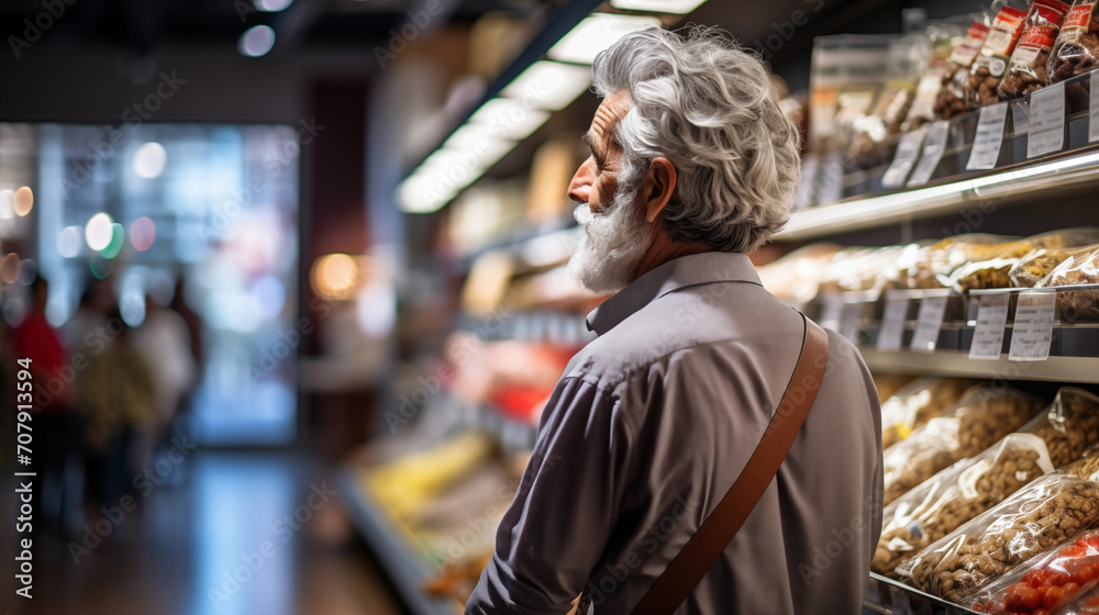 an elderly man in a grocery store. A middle-aged man in a supermarket.