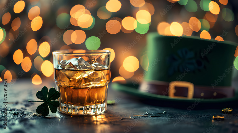 Crystal glass full of whiskey next to a shamrock, on a dark surface, with a green top hat and blurred lights in the background, celebrating St. Patrick's Day - obrazy, fototapety, plakaty 