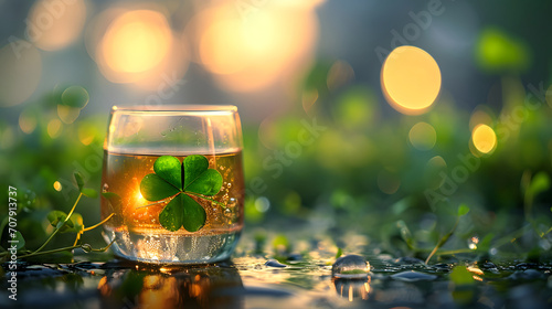 Golden Hued Whiskey Glass With Clover Leaf on a Wet Surface at Dusk photo
