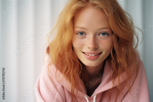 Portrait of a beautiful red-haired girl in a pink hoodie .