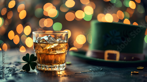 Crystal glass full of whiskey next to a shamrock, on a dark surface, with a green top hat and blurred lights in the background, celebrating St. Patrick's Day photo