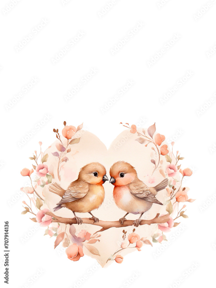Happy Valentine watercolor cute gentle birds in love, greeting card in retro vintage colors, with flowers and hearts