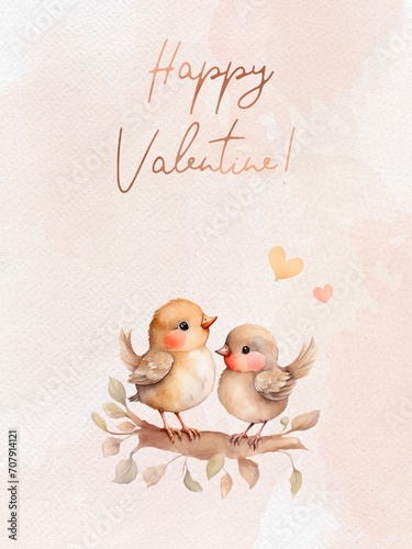 Happy Valentine watercolor cute gentle birds in love, greeting card in retro vintage colors, with flowers and hearts