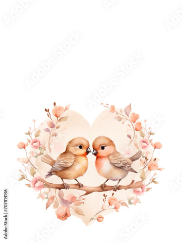 Happy Valentine watercolor cute gentle birds in love, greeting card in retro vintage colors, with flowers and hearts © Xeniya