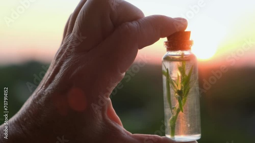 A bottle with a plant and extract in the hands of an elderly woman photo