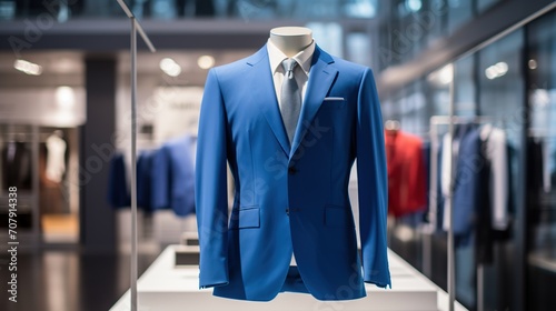Blue suits on display inside the shop