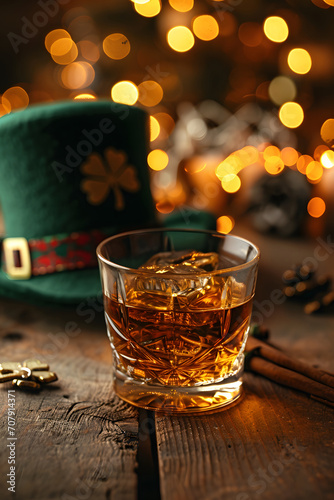A portrait-oriented close-up of a crystal glass filled with whiskey, complemented by a soft-focus festive green hat in the background, in celebration of St. Patrick's Day.