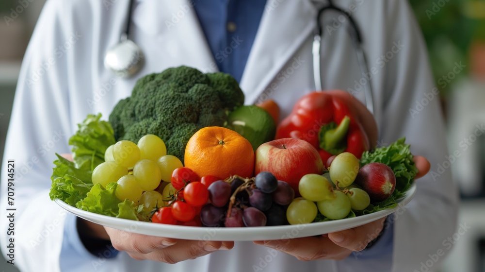 Premium Quality Close-Up: Doctor Promoting Healthy Eating with Fresh Fruit and Vegetables