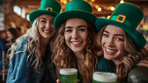 A lively bunch of young adults is reveling in St. Patrick's Day celebrations with drinks and wearing leprechaun green top hats at a warmly illuminated pub.