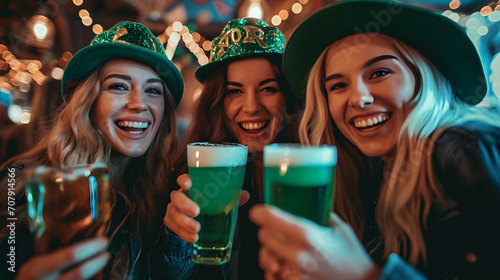 A group of cheerful young adults is having a blast during St. Patrick's Day celebrations, clinking glasses filled with green beer in a warmly lit pub.